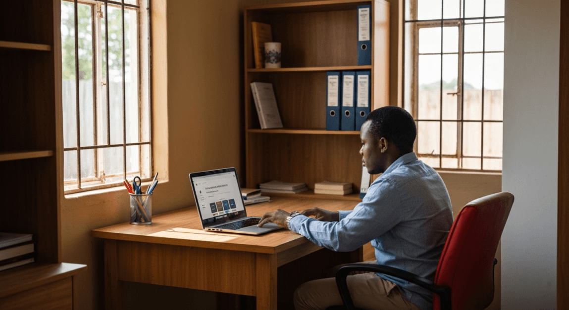 Professional using a laptop to manage social media postings in a Botswana home office