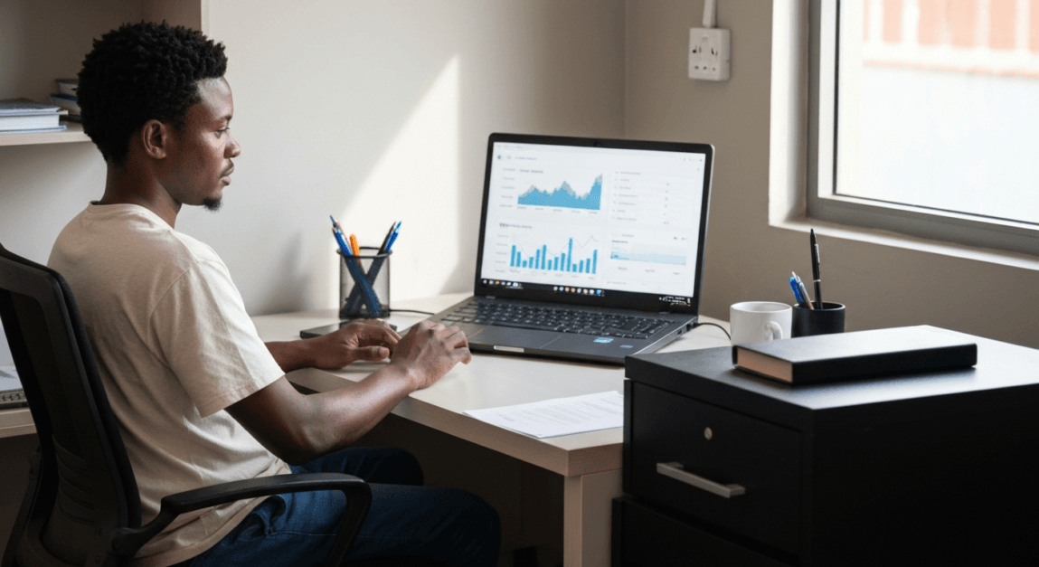 Professional analyzing social media metrics on a laptop in Botswana