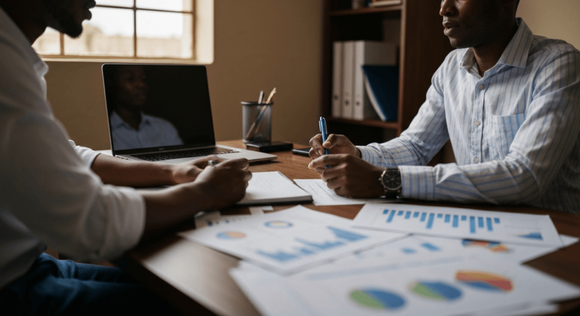 Botswana entrepreneurs conducting competitive analysis and strategy planning for an online store.