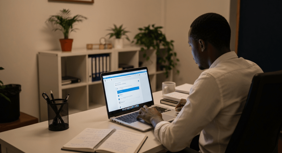 Individual selecting an eCommerce platform and registering a domain for an online store in Botswana.