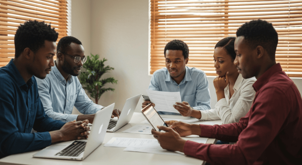 Team of professionals selecting social media platforms