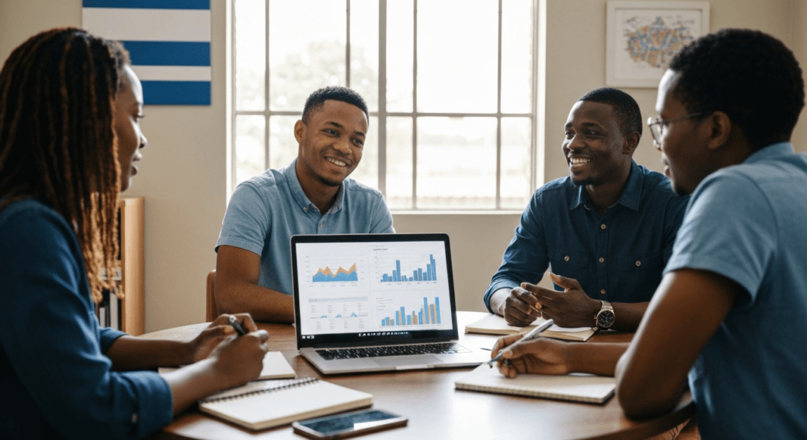 Botswana SMEs team discussing Google Ads budget strategy in a small office