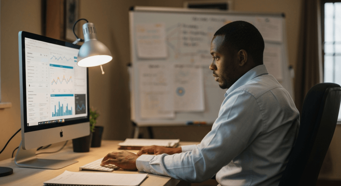 Businessman reviewing analytics for Google Ads campaign performance in Botswana