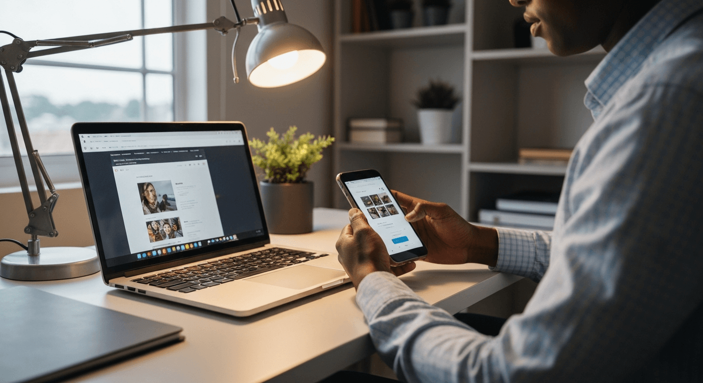 A Botswana professional working on a mobile-first web design using a laptop and smartphone in a cozy office space.