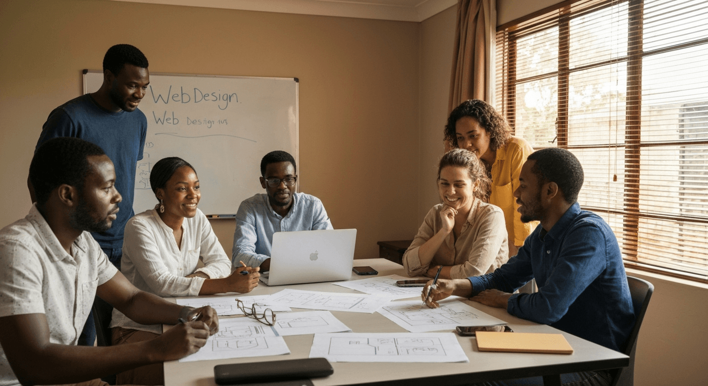 Botswana web design team discussing modern aesthetics and typography choices in a warm office setting.