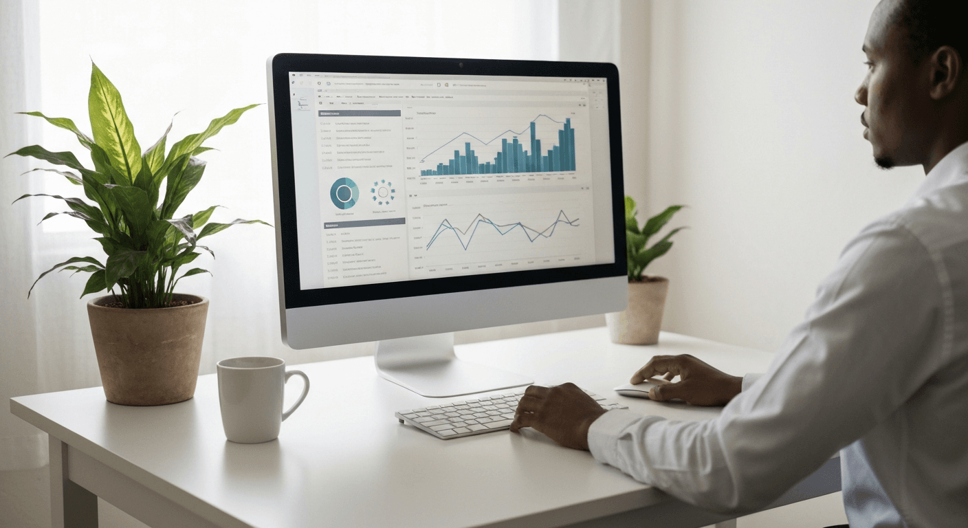 Professional in Botswana optimizing website performance on a desktop in a simple office environment.