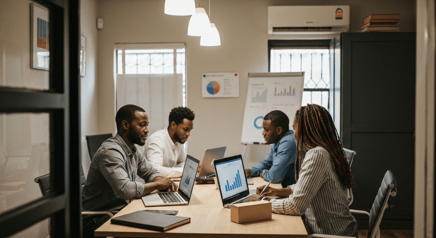 SME team in Botswana using keyword research tools in an office setting