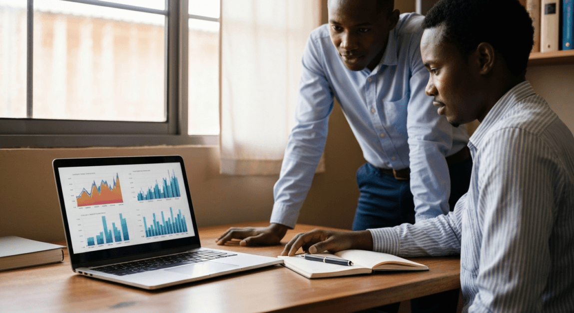 Professionals analyzing website metrics in a Botswana office