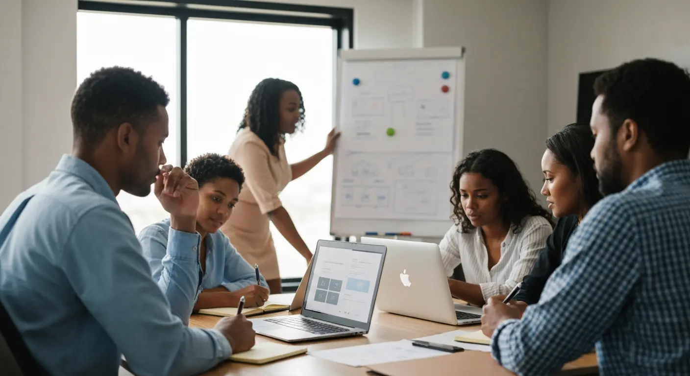 Team in Botswana SME discussing digital marketing strategies around a table