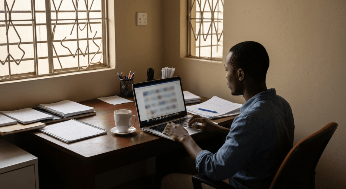 A person working on a laptop with email newsletters on the screen in a Botswana home office, surrounded by papers and a coffee cup.