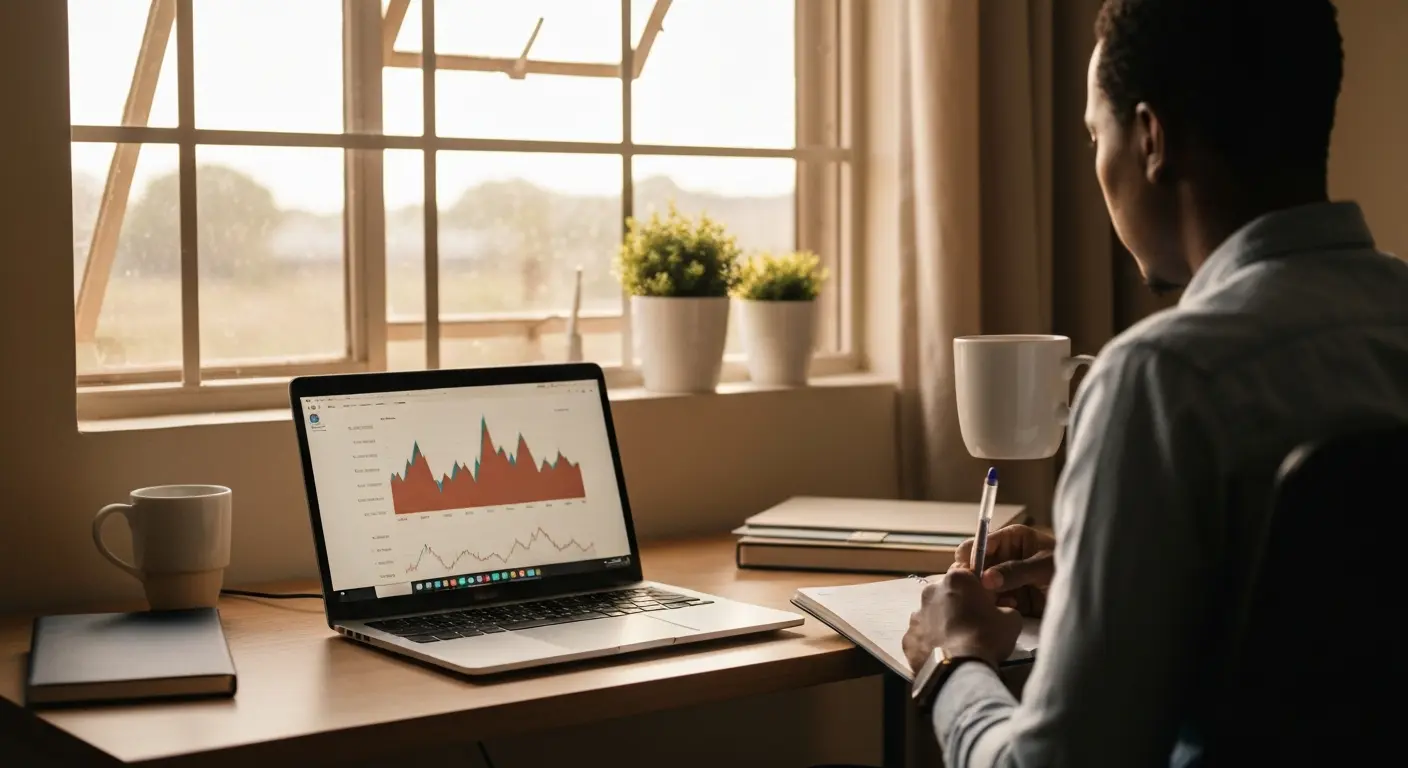 Person tracking Google Ads analytics in cozy home office