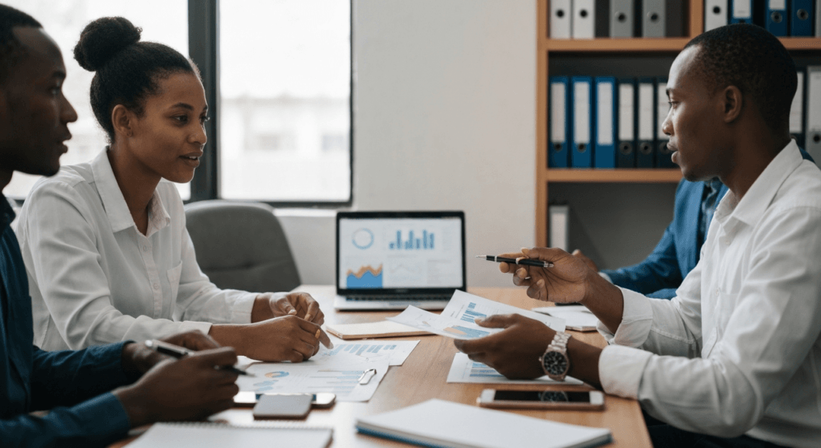 Botswana team in a strategic meeting comparing SEO and PPC for Facebook marketing.