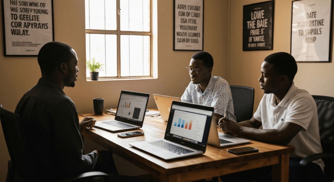 Botswana business team analyzing data to define target audience in a small office