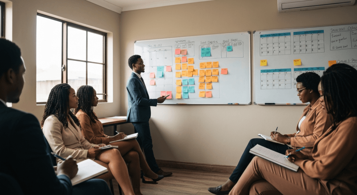 Botswana office team creating a content calendar on a whiteboard