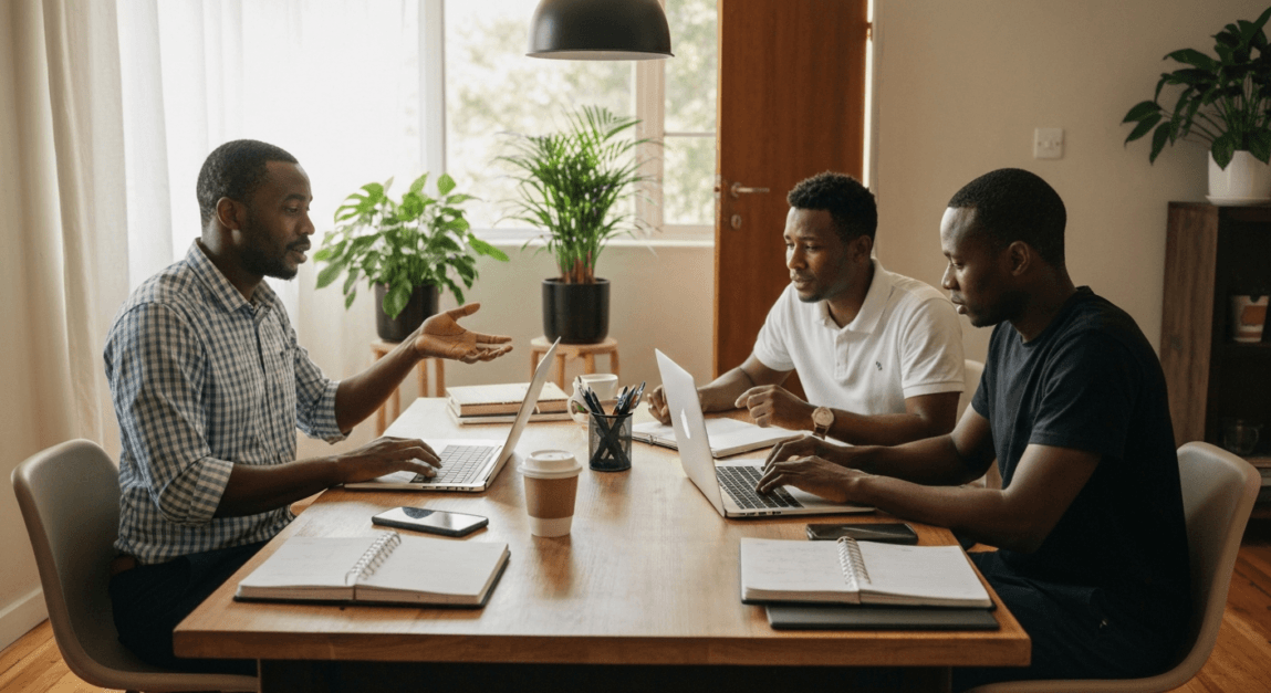 Botswana team implementing social media strategy in a home workspace