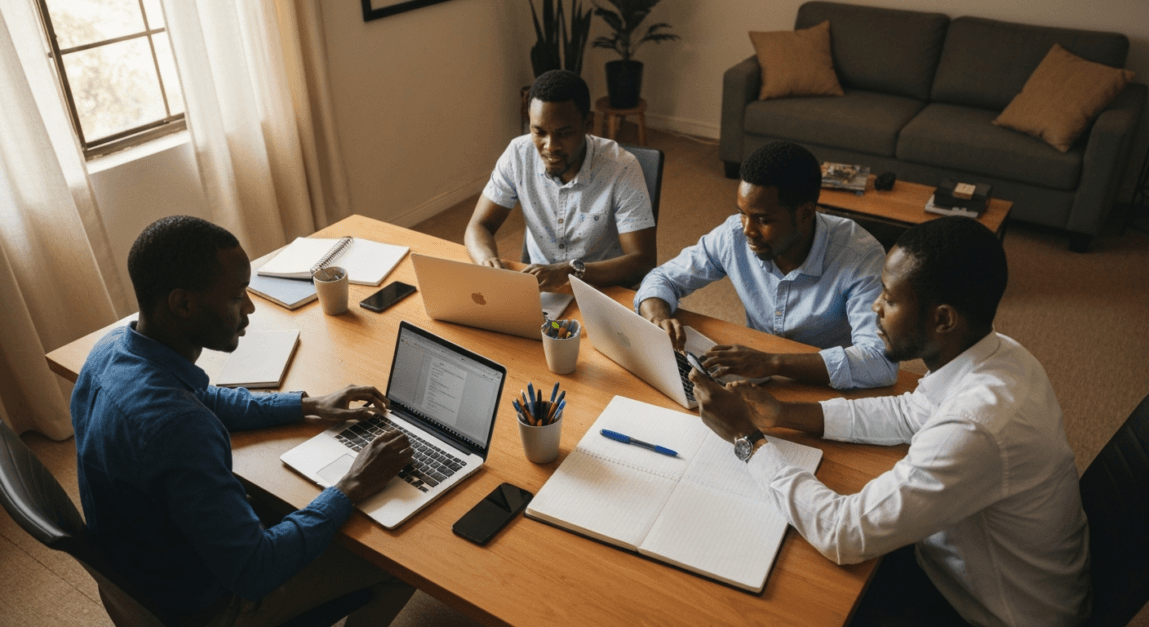 Professionals collaborating in a Botswana office, discussing the integration of WhatsApp Broadcast and Email Newsletters.