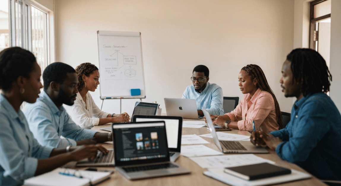 Team meeting at a web design agency in Botswana discussing a project