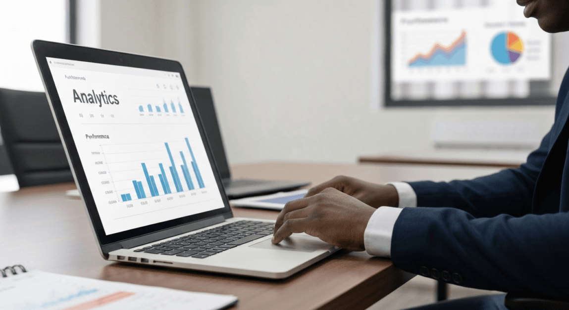 Analyzing digital marketing performance on a laptop with analytics tools.