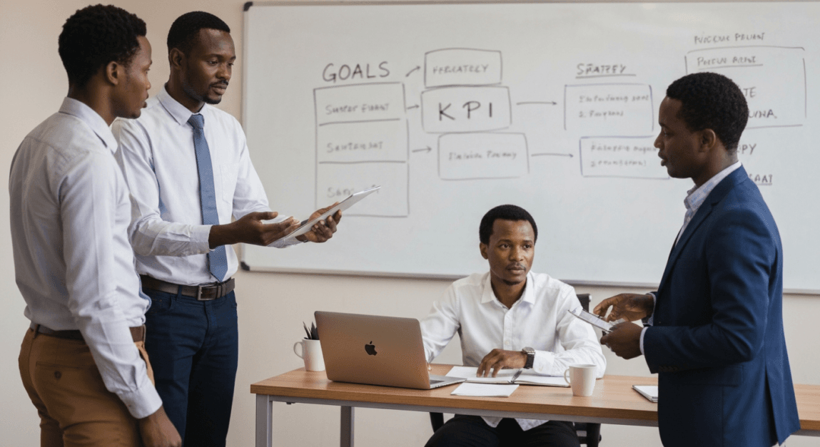 Collaborative strategy session setting digital marketing goals and KPIs.