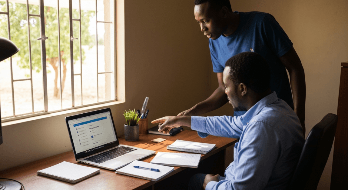 Person using keyword tools on laptop for SEO copywriting in a Botswana SME office
