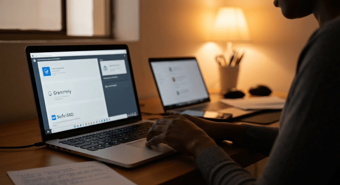 Worker using laptop and devices for copywriting and SEO optimization in a Botswana SME office