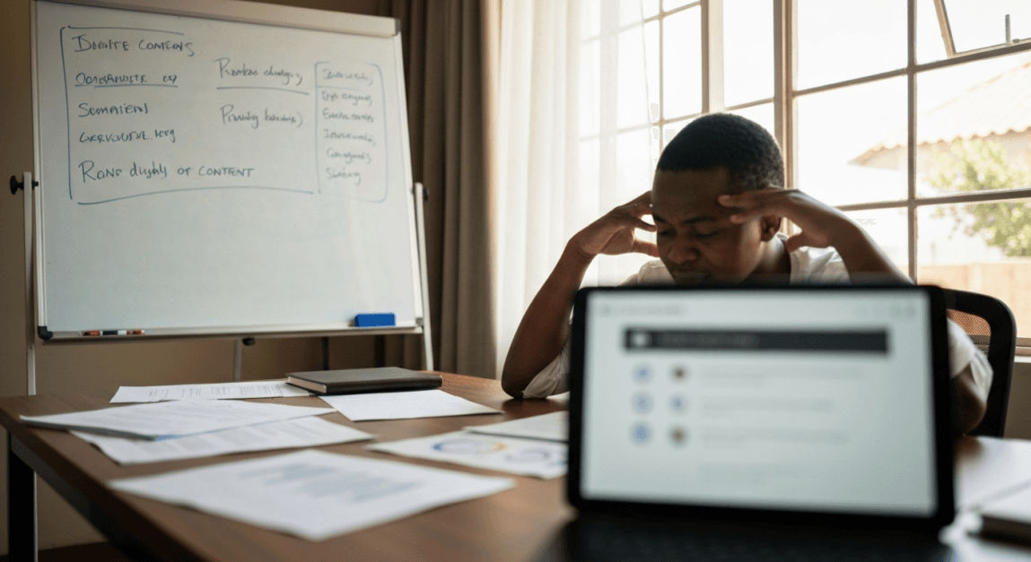 Frustrated worker reflecting on SEO copywriting mistakes in a Botswana SME office