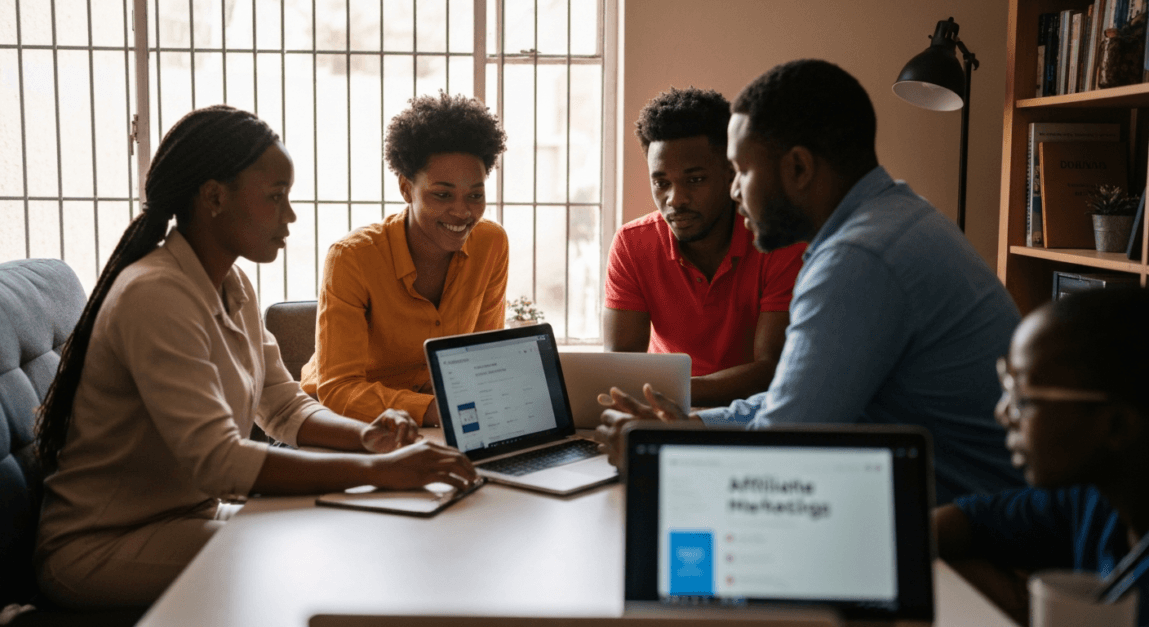 Botswana entrepreneurs in an office discussing affiliate marketing strategy.