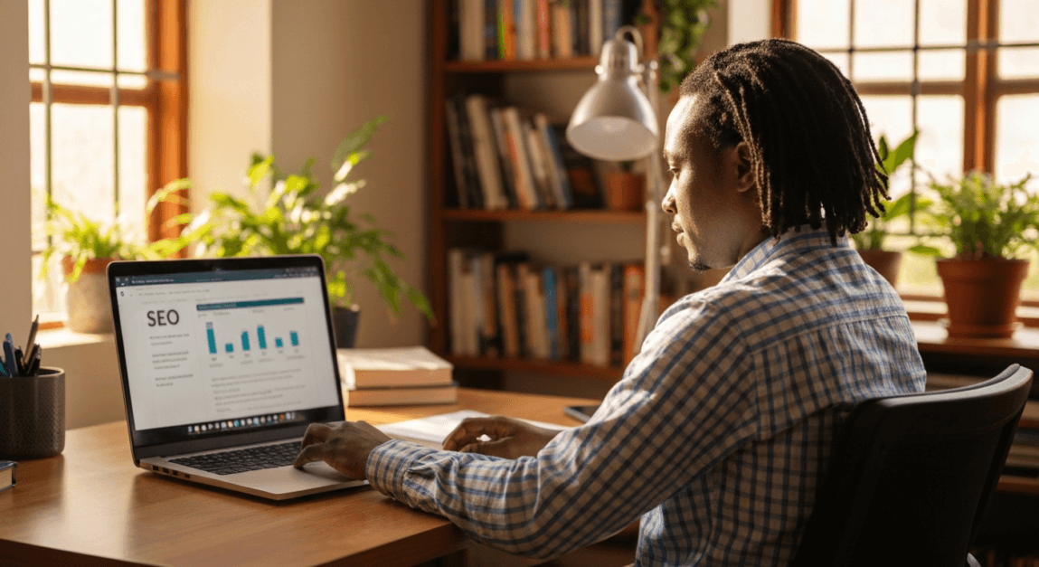 Botswana SME owner analyzing SEO traffic reports at a desk.