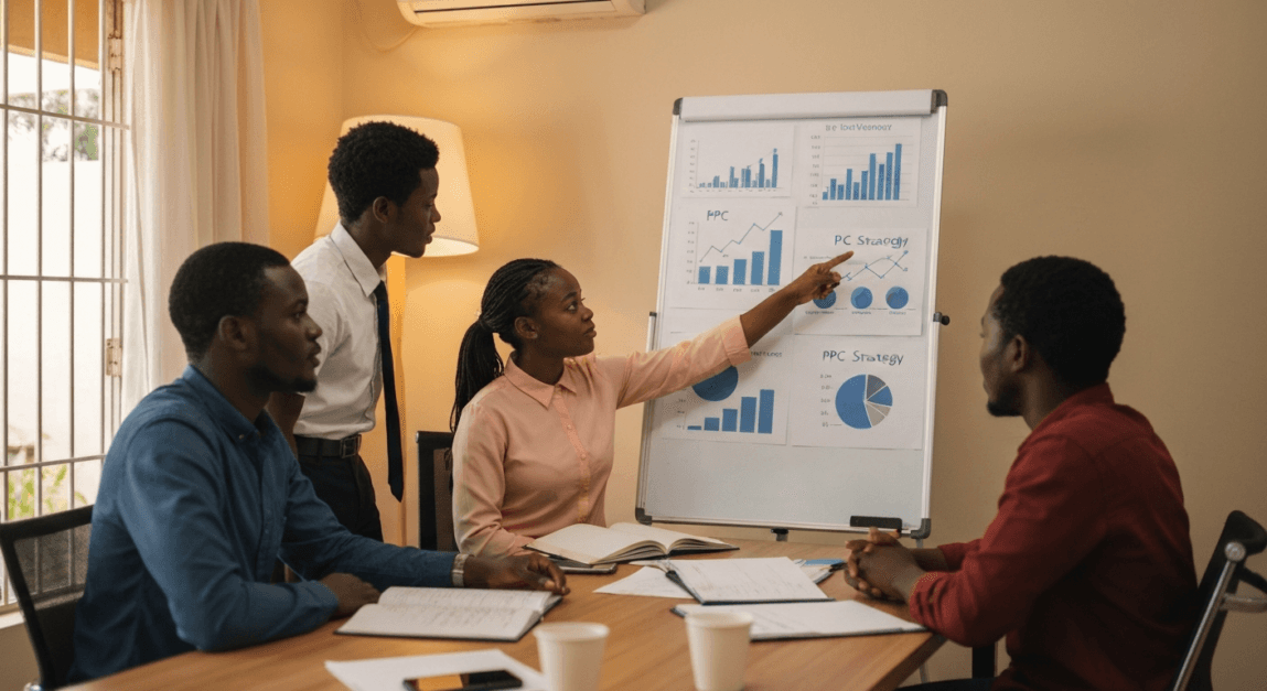 Botswana professionals discussing PPC fraud prevention strategies in an office.