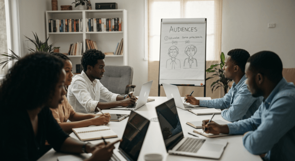 Team of Botswana entrepreneurs creating audience personas in an office setting