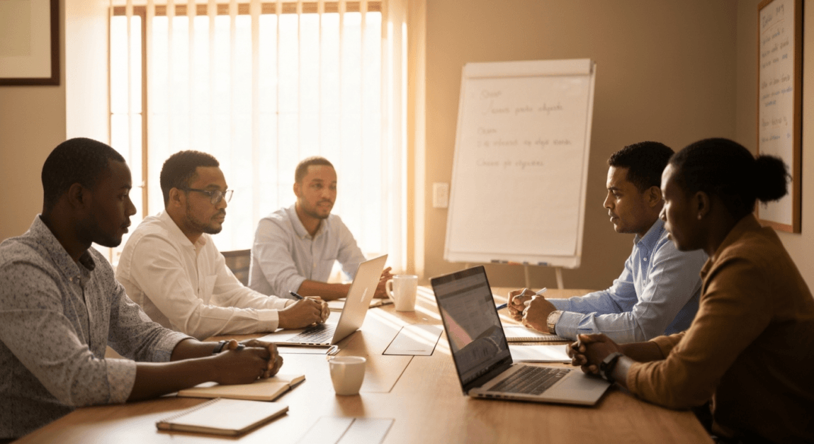 Botswana SME team strategizing content marketing campaign in a meeting room