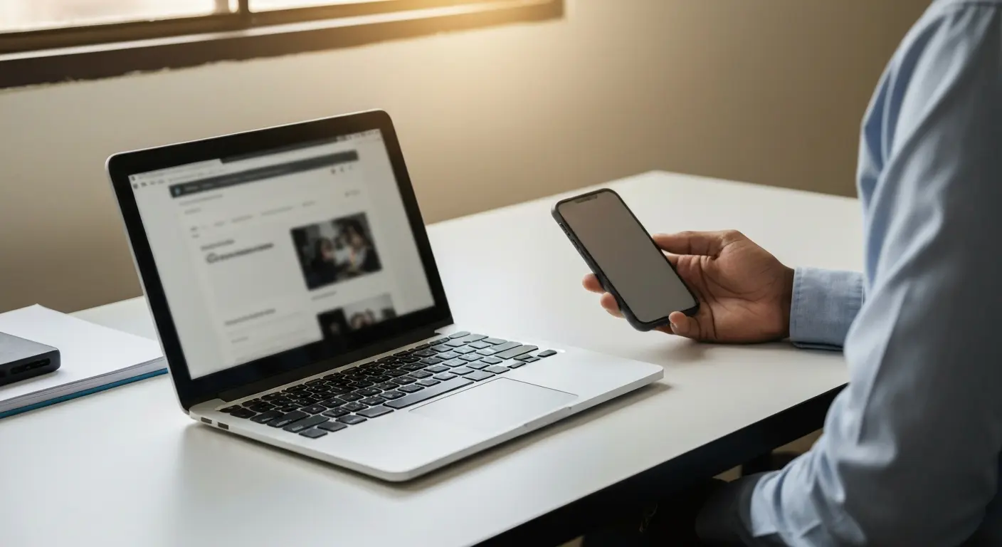 Person in Botswana developing a mobile-first web design on a laptop and smartphone.