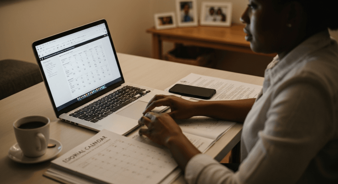 Professional using a laptop and editorial calendar in a Botswana home office