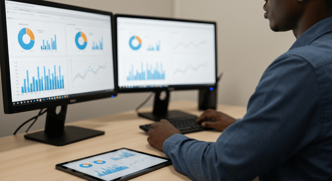 Professional analyzing social media performance metrics in a Botswana office
