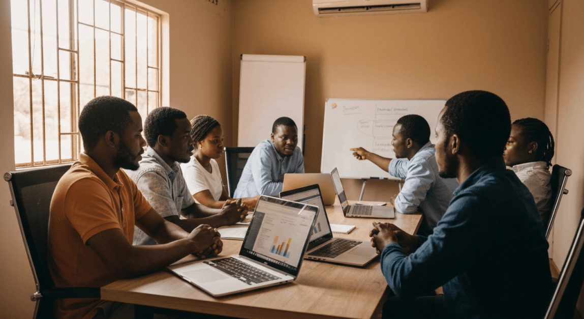 Botswana entrepreneurs discussing product strategies in a small office.