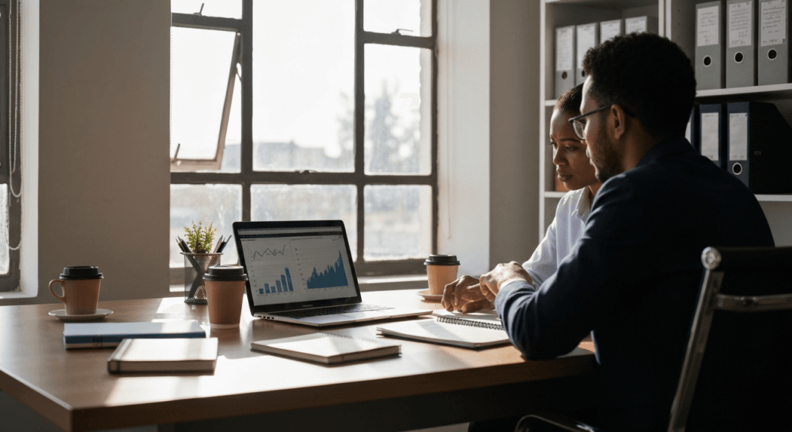 Botswana professionals analyzing pricing strategies in a small office with natural light.
