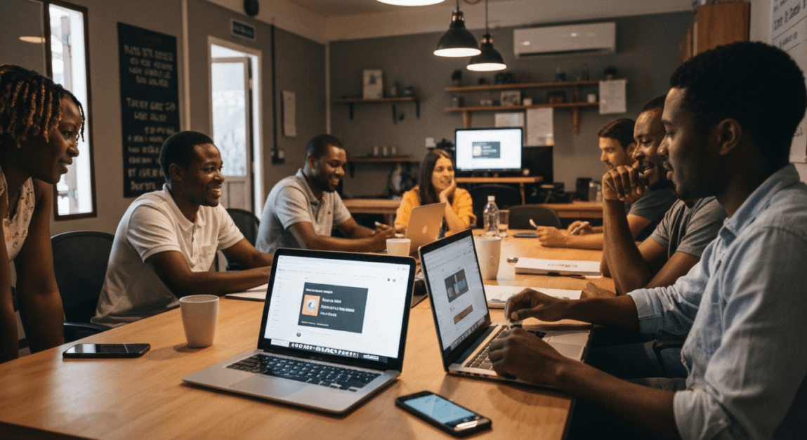 Brainstorm session in a Botswana office focusing on digital promotion strategies.