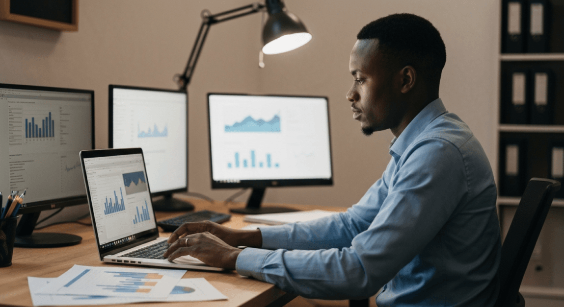 Digital marketing manager at a Botswana SME reviewing analytics on a laptop