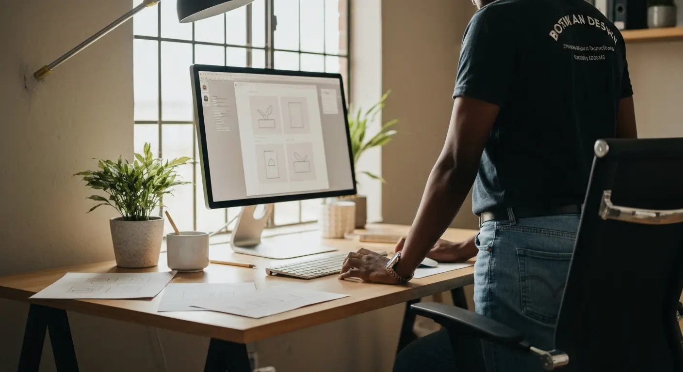 Designer working on modern minimalist web design at a home office in Botswana.