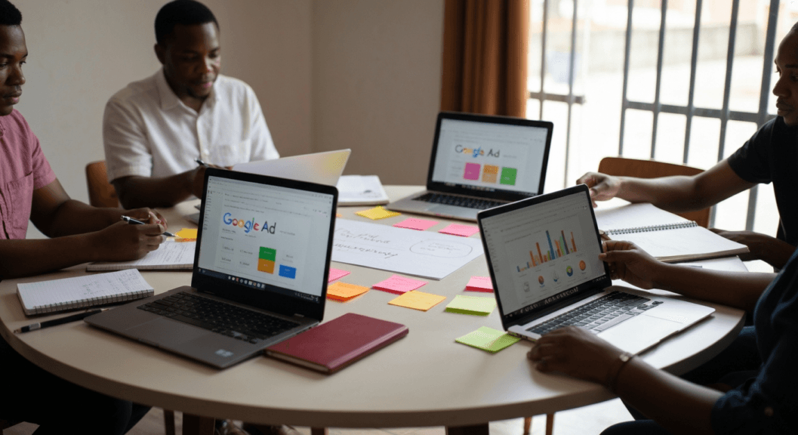 Team in Botswana office creating effective ad content collaboratively.