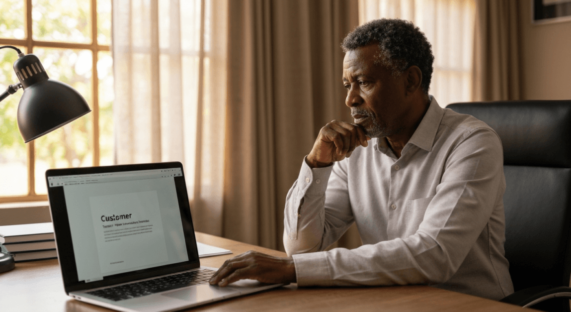 Botswana business owner reviewing customer testimonials on laptop
