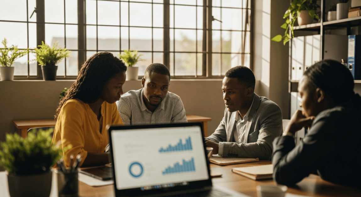 Botswana team setting up Google Analytics on laptops in a local office workspace