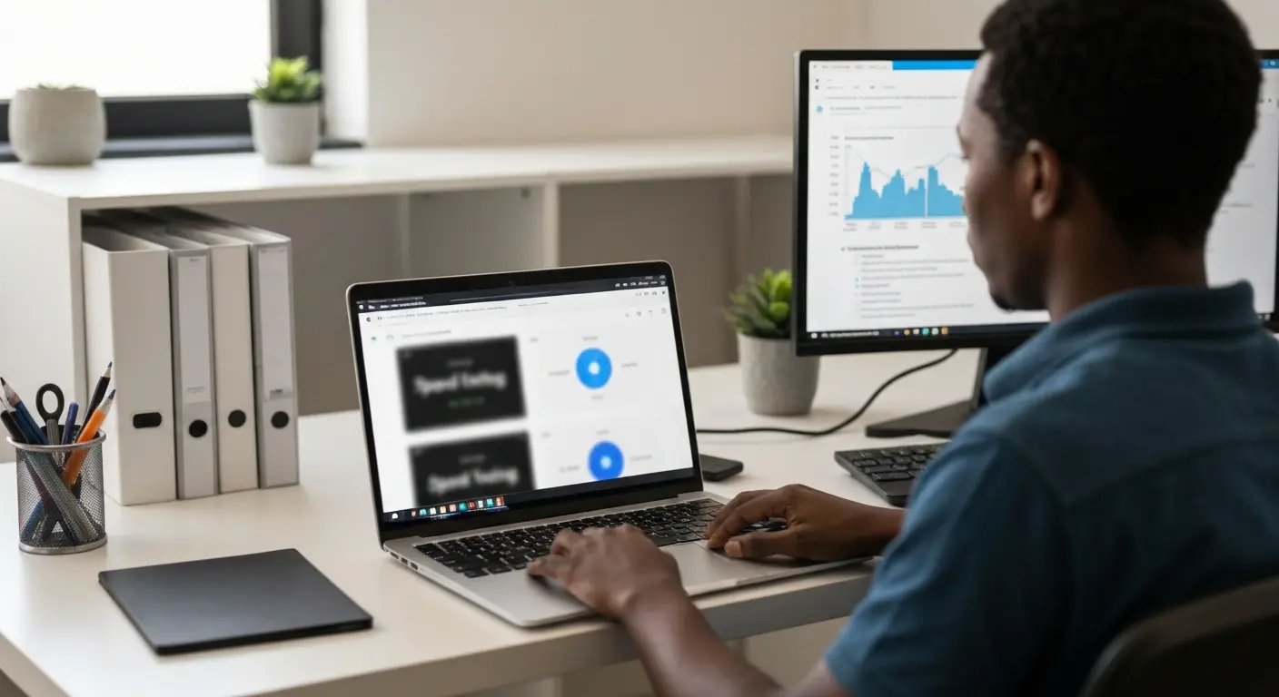 Web developer in Botswana optimizing website performance on a dual-monitor setup.