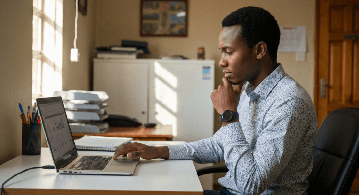 Professional reviewing web traffic metrics on a laptop in Botswana office