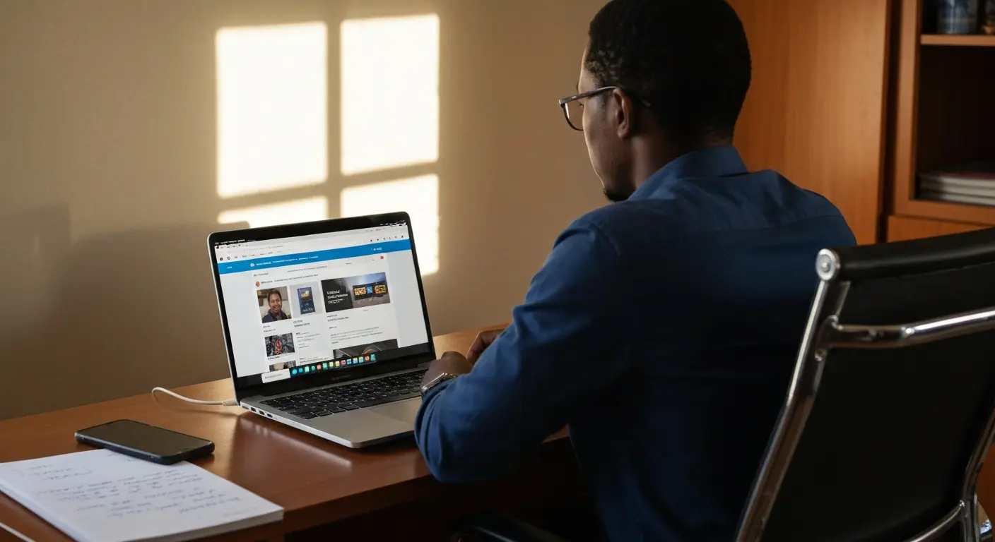 Botswana entrepreneur using an e-commerce platform on a laptop in a home office