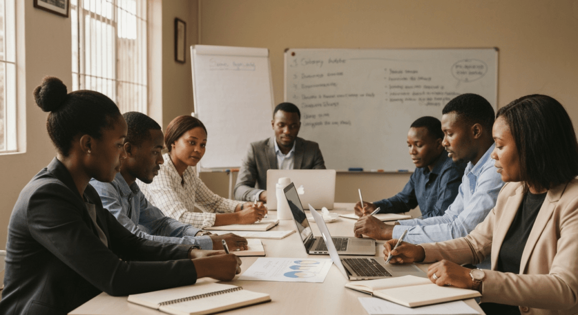 Diverse entrepreneurs in a Botswana office working together in a strategy session focused on aligning corporate and marketing strategies.