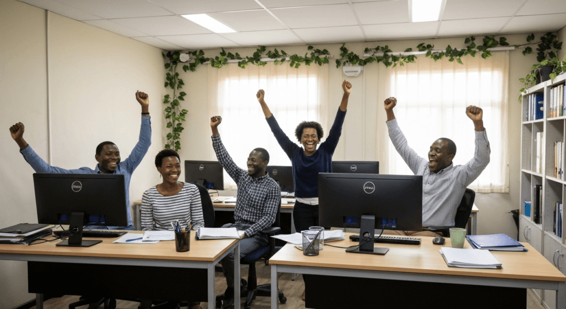 Team in a Botswana office celebrating the successful implementation of aligned marketing and corporate strategies.