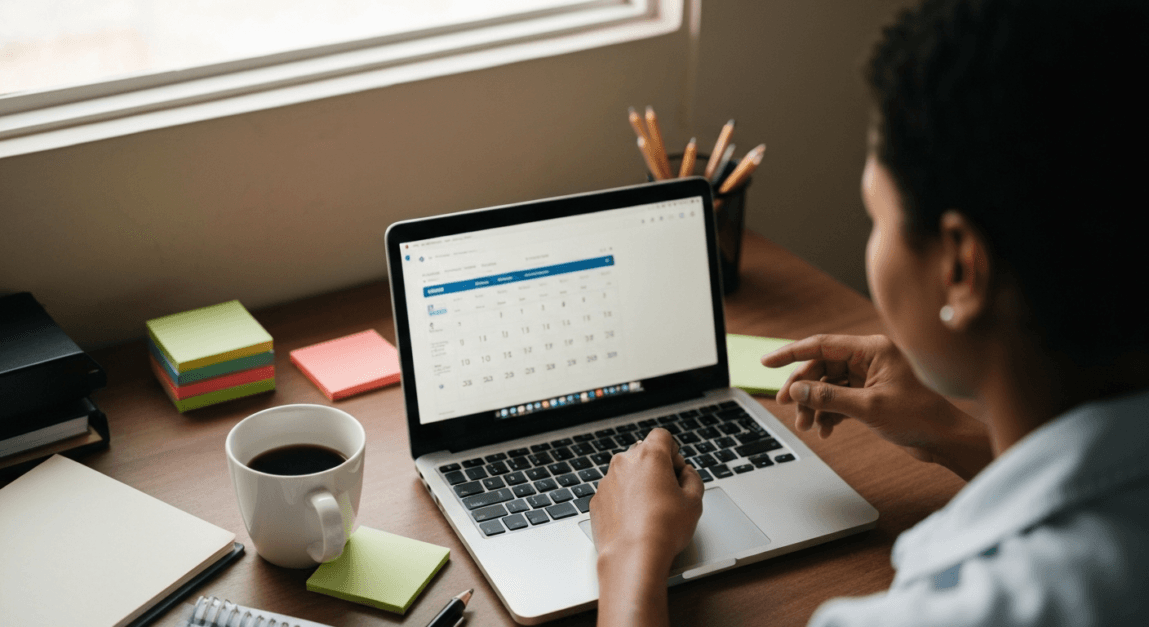 Laptop with content calendar open in a Botswana office for social media planning