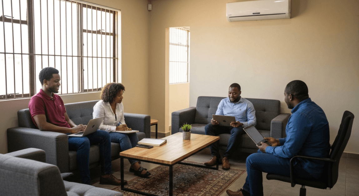 Team discussing social media strategy in a Botswana SME office