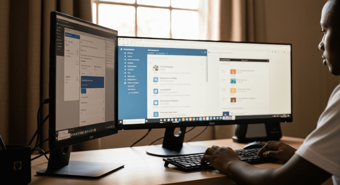 Dual-monitor setup showing social media automation tools in use in a Botswana home office